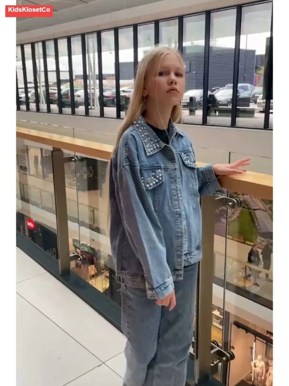 Girls Denim Jacket Oversized Trucker Button Down Pearl Design 5-14Y